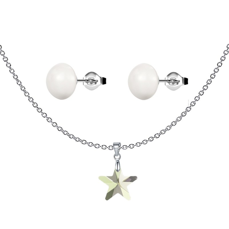 New Star Luminous Green Austrian Crystal Pendant With White Cabochon Crystal Pearls Premium Steel 10mm Earrings