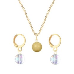 Gold Plated Premium Steel Golden Crystal Pearl Pendant With Aurora Borealis Austria Globe Hoop Earrings Set