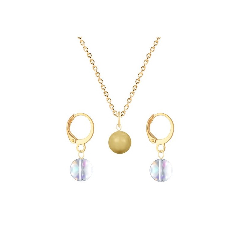 Gold Plated Premium Steel Golden Crystal Pearl Pendant With Aurora Borealis Austria Globe Hoop Earrings Set