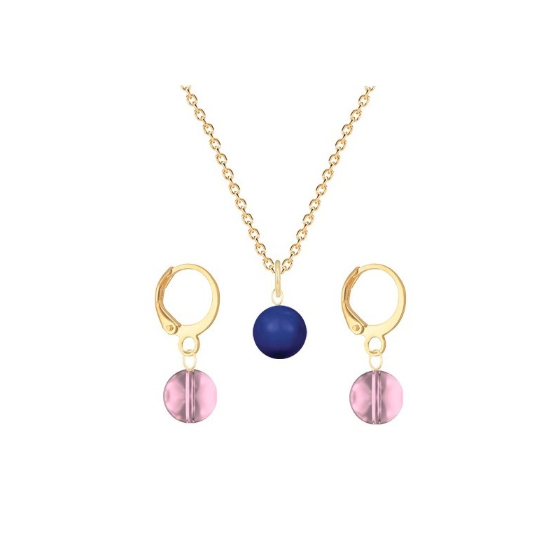 Gold Plated Premium Steel Dark Lapis Crystal Pearl Pendant With Antique Pink Austria Globe Hoop Earrings Set