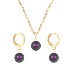 February Birthpearl Gold Plated Premium Steel Iridescent Purple 8mm Austrian Crystal Pearl Pendant With Earrings Set