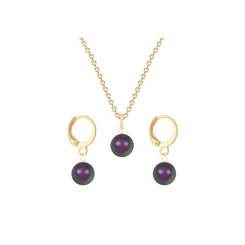 February Birthpearl Gold Plated Premium Steel Iridescent Purple 8mm Austrian Crystal Pearl Pendant With Earrings Set