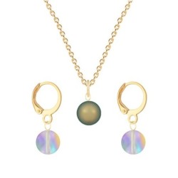 Gold Plated Premium Steel Iridescent Green Crystal Pearl Pendant With Paradise Shine Austria Globe Hoop Earrings Set