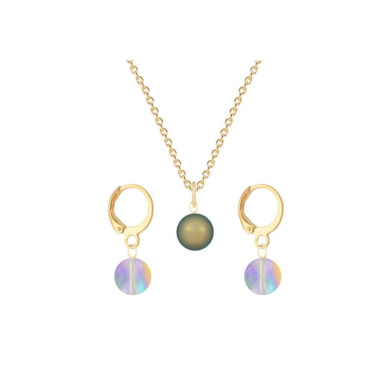 Gold Plated Premium Steel Iridescent Green Crystal Pearl Pendant With Paradise Shine Austria Globe Hoop Earrings Set