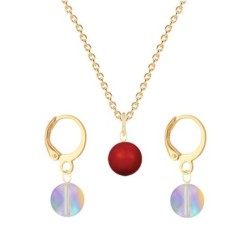 Gold Plated Premium Steel Corel Red Crystal Pearl Pendant With Paradise Shine Austria Globe Hoop Earrings Set