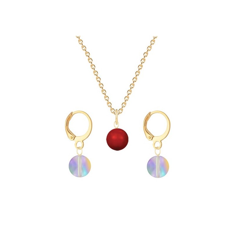 Gold Plated Premium Steel Corel Red Crystal Pearl Pendant With Paradise Shine Austria Globe Hoop Earrings Set