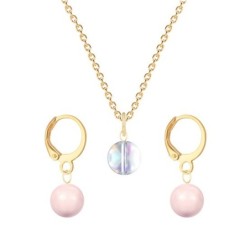 Gold Plated Premium Steel Aurora Borealis 8mm Austria Globe Pendant With Rosaline Pink Crystal Pearl Hoop Earrings Set