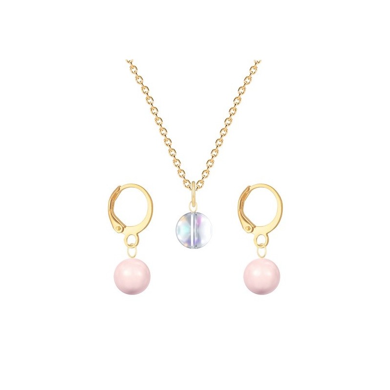 Gold Plated Premium Steel Aurora Borealis 8mm Austria Globe Pendant With Rosaline Pink Crystal Pearl Hoop Earrings Set