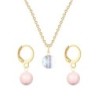 Gold Plated Premium Steel Aurora Borealis 8mm Austria Globe Pendant With Rosaline Pink Crystal Pearl Hoop Earrings Set