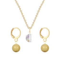 Gold Plated Premium Steel White Patina 8mm Austria Globe Pendant With Golden Crystal Pearl Hoop Earrings Set