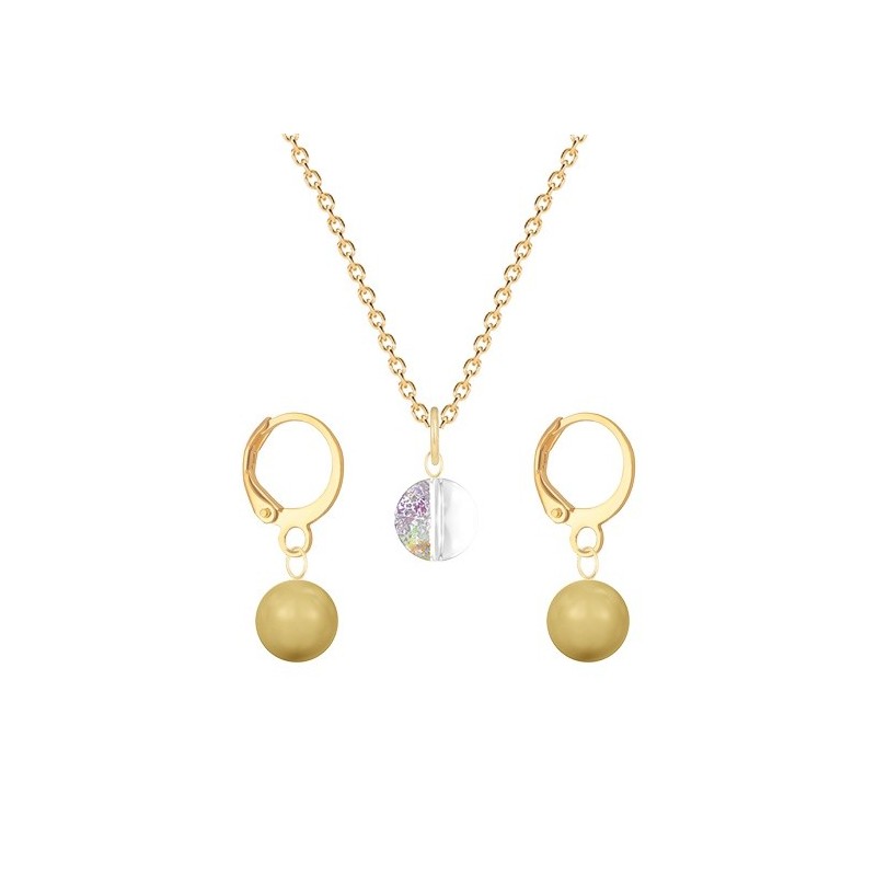 Gold Plated Premium Steel White Patina 8mm Austria Globe Pendant With Golden Crystal Pearl Hoop Earrings Set