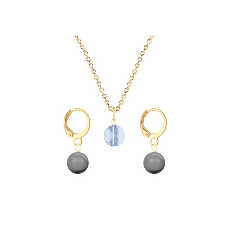 Gold Plated Premium Steel Blue Shade 8mm Austria Globe Pendant With Grey Crystal Pearl Hoop Earrings Set