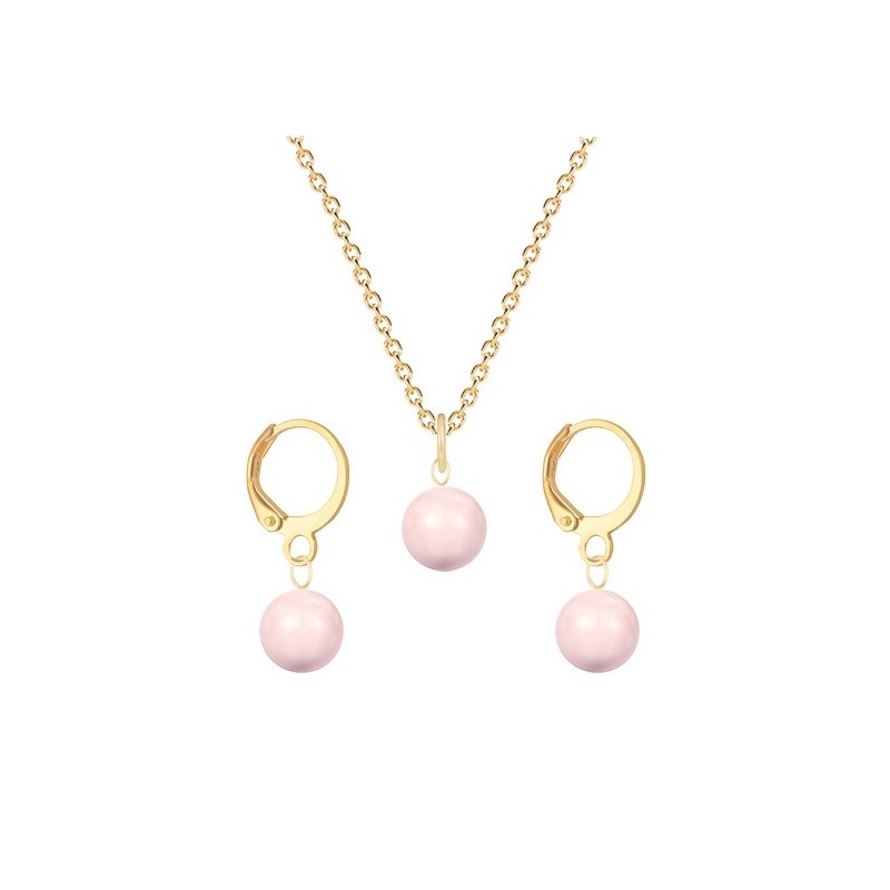 October Birthpearl Gold Plated Premium Steel Rosaline Pink 8mm Austrian Crystal Pearl Pendant With Earrings Set