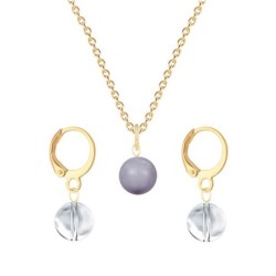 Gold Plated Premium Steel Mauve Crystal Pearl Pendant With Crystal Clear Austria Globe Hoop Earrings Set