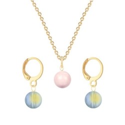 Gold Plated Premium Steel Rosaline Pink Crystal Pearl Pendant With Iridescent Green Austria Globe Hoop Earrings Set