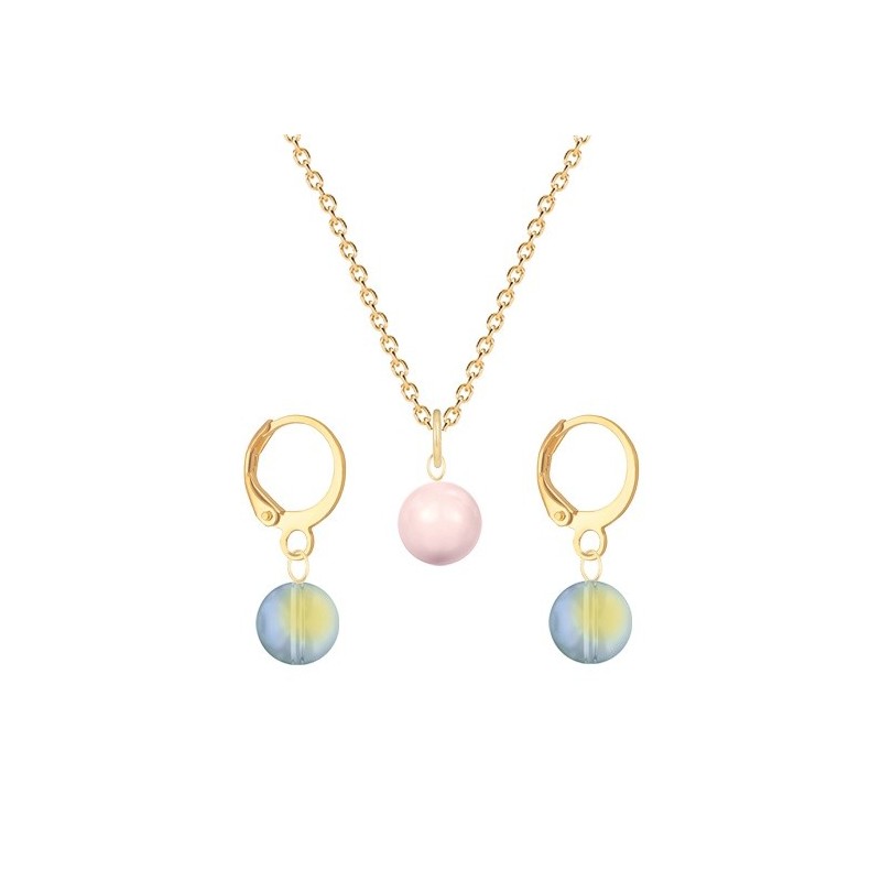 Gold Plated Premium Steel Rosaline Pink Crystal Pearl Pendant With Iridescent Green Austria Globe Hoop Earrings Set