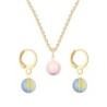 Gold Plated Premium Steel Rosaline Pink Crystal Pearl Pendant With Iridescent Green Austria Globe Hoop Earrings Set