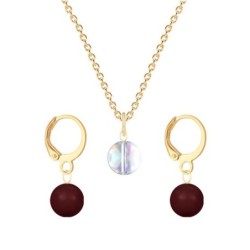 Gold Plated Premium Steel Aurora Borealis 8mm Austria Globe Pendant With Bordeaux Crystal Pearl Hoop Earrings Set