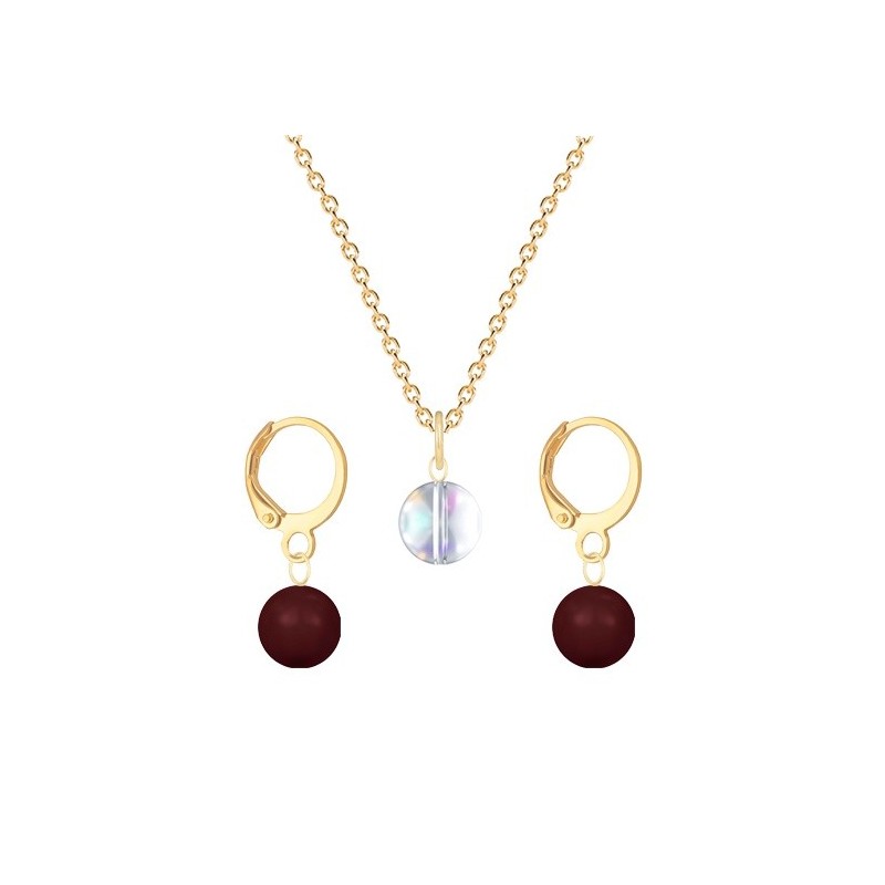 Gold Plated Premium Steel Aurora Borealis 8mm Austria Globe Pendant With Bordeaux Crystal Pearl Hoop Earrings Set