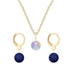 Gold Plated Premium Steel Paradise Shine 8mm Austria Globe Pendant With Dark Lapis Crystal Pearl Hoop Earrings Set