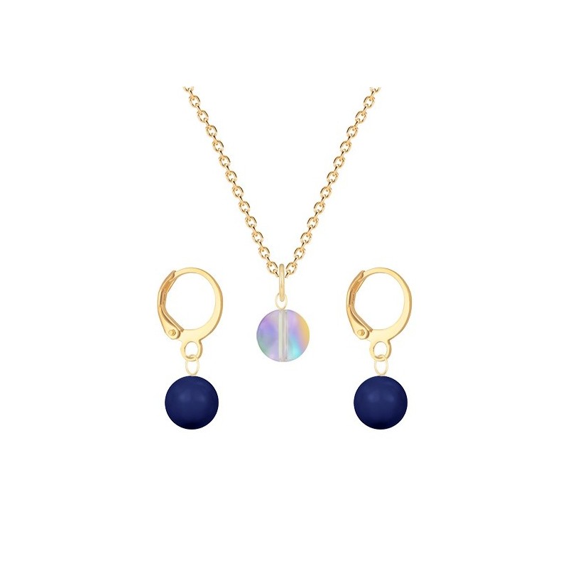 Gold Plated Premium Steel Paradise Shine 8mm Austria Globe Pendant With Dark Lapis Crystal Pearl Hoop Earrings Set