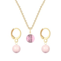 Gold Plated Premium Steel Antique Pink 8mm Austria Globe Pendant With Rosaline Pink Crystal Pearl Hoop Earrings Set