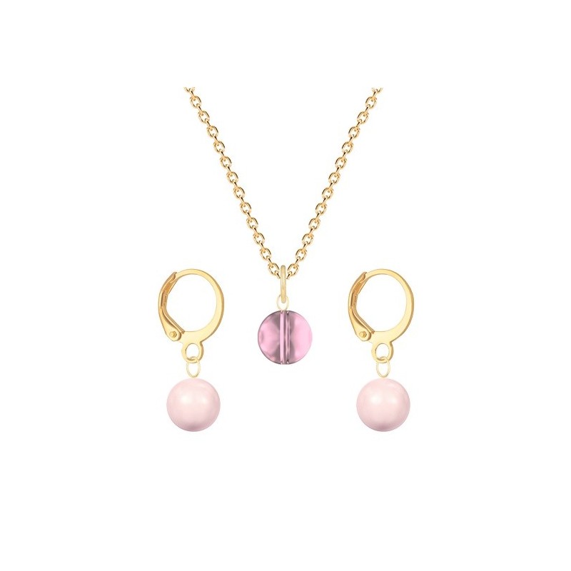 Gold Plated Premium Steel Antique Pink 8mm Austria Globe Pendant With Rosaline Pink Crystal Pearl Hoop Earrings Set