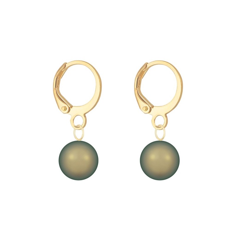 August Birthpearl Gold Plated Iridescent Green 8mm Crystal Pearl Hoop Earrings Embellished with Austrian Crystal Pearls