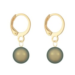 August Birthpearl Gold Plated Iridescent Green 8mm Crystal Pearl Hoop Earrings Embellished with Austrian Crystal Pearls