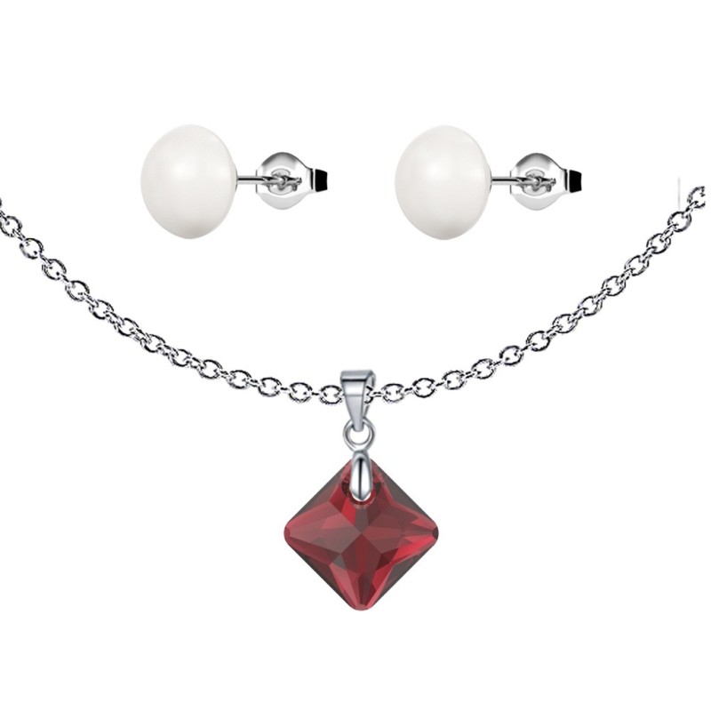 January Birthstone Siam Red Princess Cut Crystal Pendant With White Cabochon 10mm Crystal Pearls Stud Earrings Set