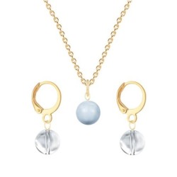 Gold Plated Premium Steel Light Blue Crystal Pearl Pendant With Crystal Clear Austria Globe Hoop Earrings Set