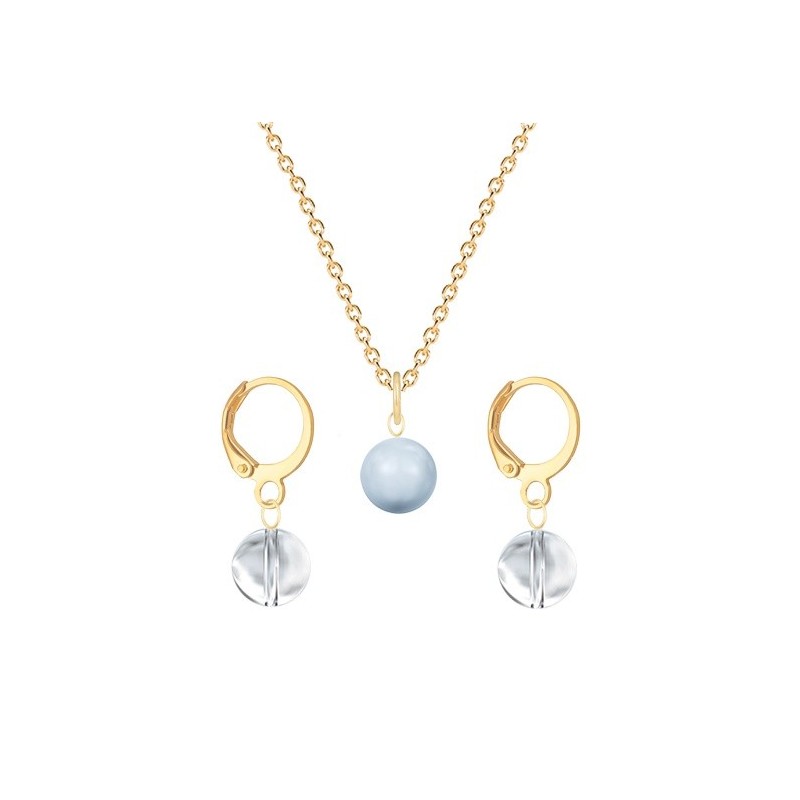 Gold Plated Premium Steel Light Blue Crystal Pearl Pendant With Crystal Clear Austria Globe Hoop Earrings Set