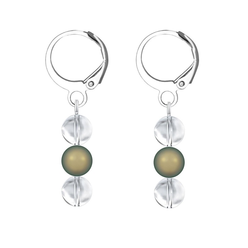 Premium Stainless Steel Hoop Clear Crystal Globe With Iridescent Green Crystal Pearl Trilogy Earrings (Made In Japan)