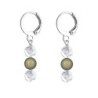 Premium Stainless Steel Hoop Clear Crystal Globe With Iridescent Green Crystal Pearl Trilogy Earrings (Made In Japan)