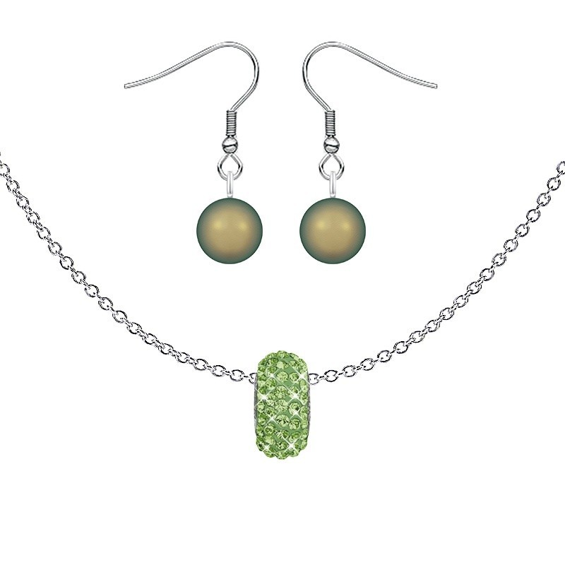 BeCharmed Pave Peridot Bead Slim Premium Steel Necklace With Earrings Set Embellished with Austrian Crystals