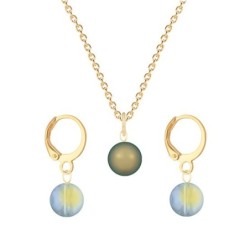 Gold Plated Premium Steel Iridescent Green Crystal Pearl Pendant With Iridescent Green Austria Globe Hoop Earrings Set