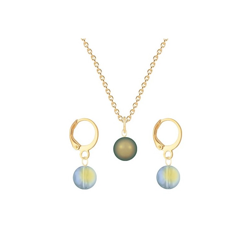 Gold Plated Premium Steel Iridescent Green Crystal Pearl Pendant With Iridescent Green Austria Globe Hoop Earrings Set