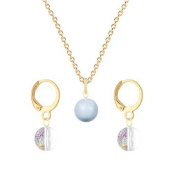 Gold Plated Premium Steel Light Blue Crystal Pearl Pendant With White Patina Austria Globe Hoop Earrings Set