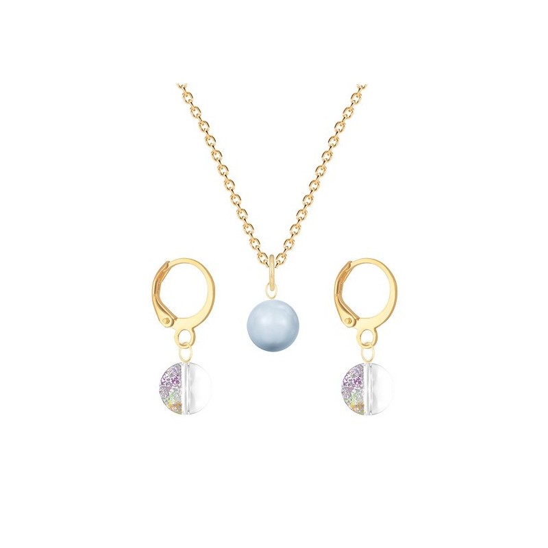 Gold Plated Premium Steel Light Blue Crystal Pearl Pendant With White Patina Austria Globe Hoop Earrings Set