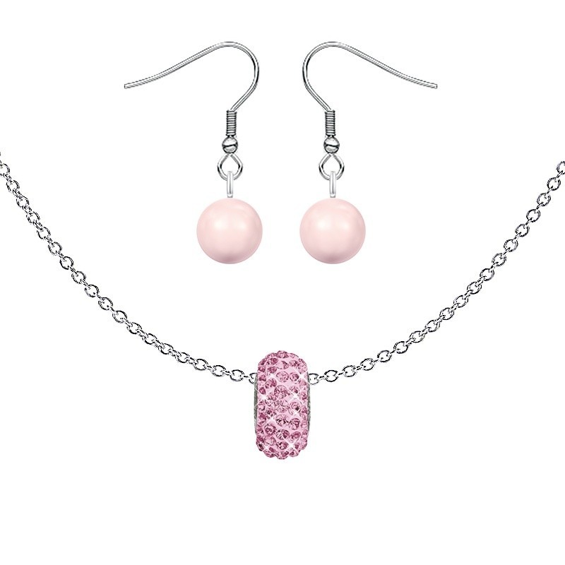 BeCharmed Pave Light Rose Pink Bead Slim Premium Steel Necklace With Earrings Set Embellished with Austrian Crystals