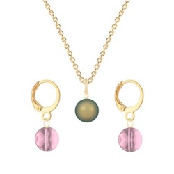 Gold Plated Premium Steel Iridescent Green Crystal Pearl Pendant With Antique Pink Austria Globe Hoop Earrings Set