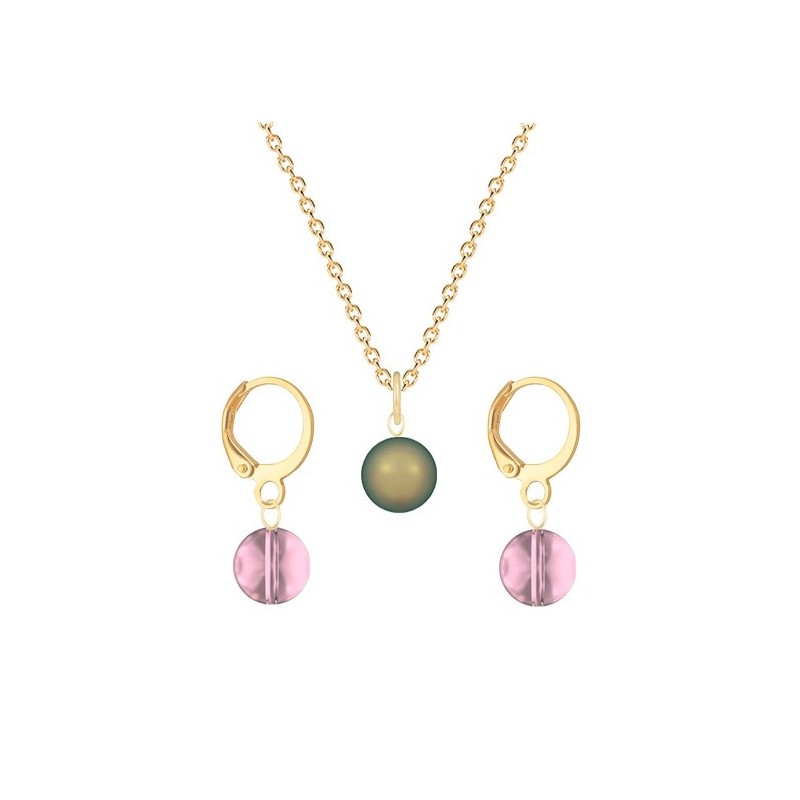 Gold Plated Premium Steel Iridescent Green Crystal Pearl Pendant With Antique Pink Austria Globe Hoop Earrings Set