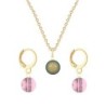 Gold Plated Premium Steel Iridescent Green Crystal Pearl Pendant With Antique Pink Austria Globe Hoop Earrings Set