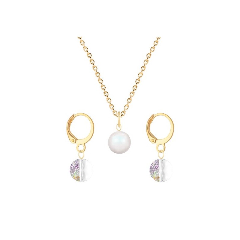 Gold Plated Premium Steel Pearlescent White Crystal Pearl Pendant With White Patina Austria Globe Hoop Earrings Set