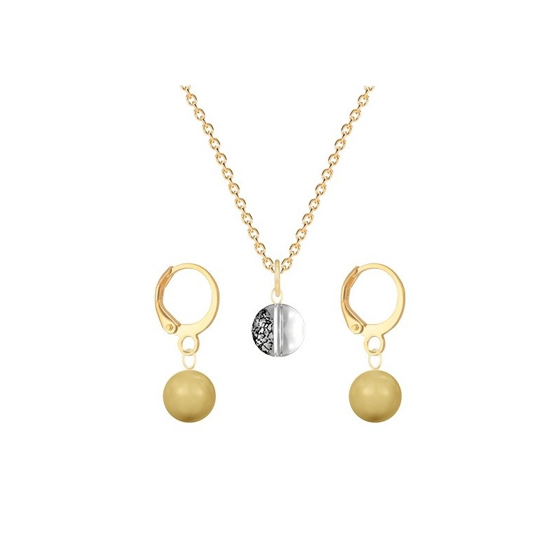 Gold Plated Premium Steel Black Patina 8mm Austria Globe Pendant With Golden Crystal Pearl Hoop Earrings Set