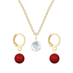 Gold Plated Premium Steel Crystal Clear 8mm Austria Globe Pendant With Corel Red Crystal Pearl Hoop Earrings Set