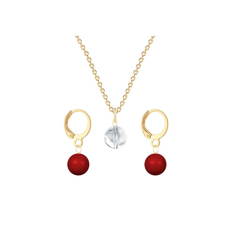 Gold Plated Premium Steel Crystal Clear 8mm Austria Globe Pendant With Corel Red Crystal Pearl Hoop Earrings Set