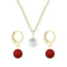 Gold Plated Premium Steel Crystal Clear 8mm Austria Globe Pendant With Corel Red Crystal Pearl Hoop Earrings Set