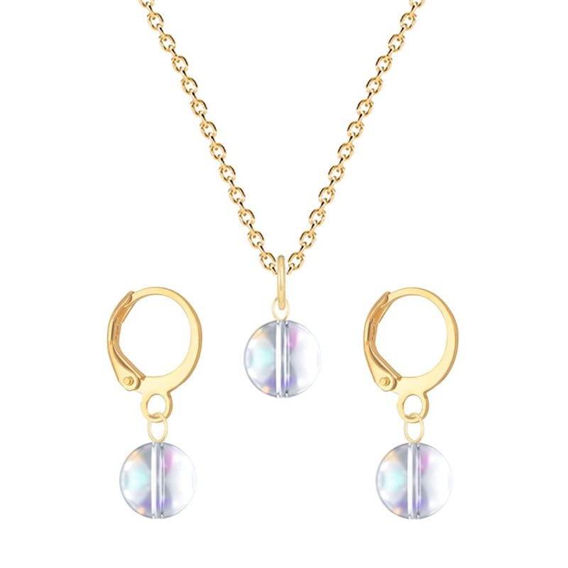 Gold Plated Premium Steel Crystal Aurora Borealis 8mm Crystal Globe Pendant Necklace With Earrings Set (Made In Japan)