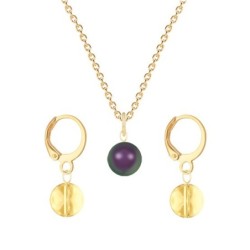 Gold Plated Premium Steel Iridescent Purple Crystal Pearl Pendant With Golden Shadow Austria Globe Hoop Earrings Set